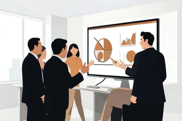 Pessoas em uma reunião discutindo gráficos em uma tela.