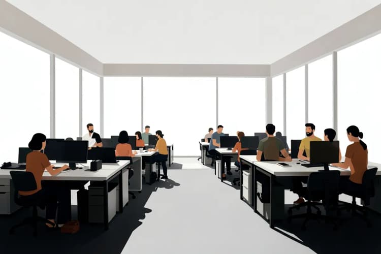 Escritório moderno com mesas de trabalho e pessoas colaborando.