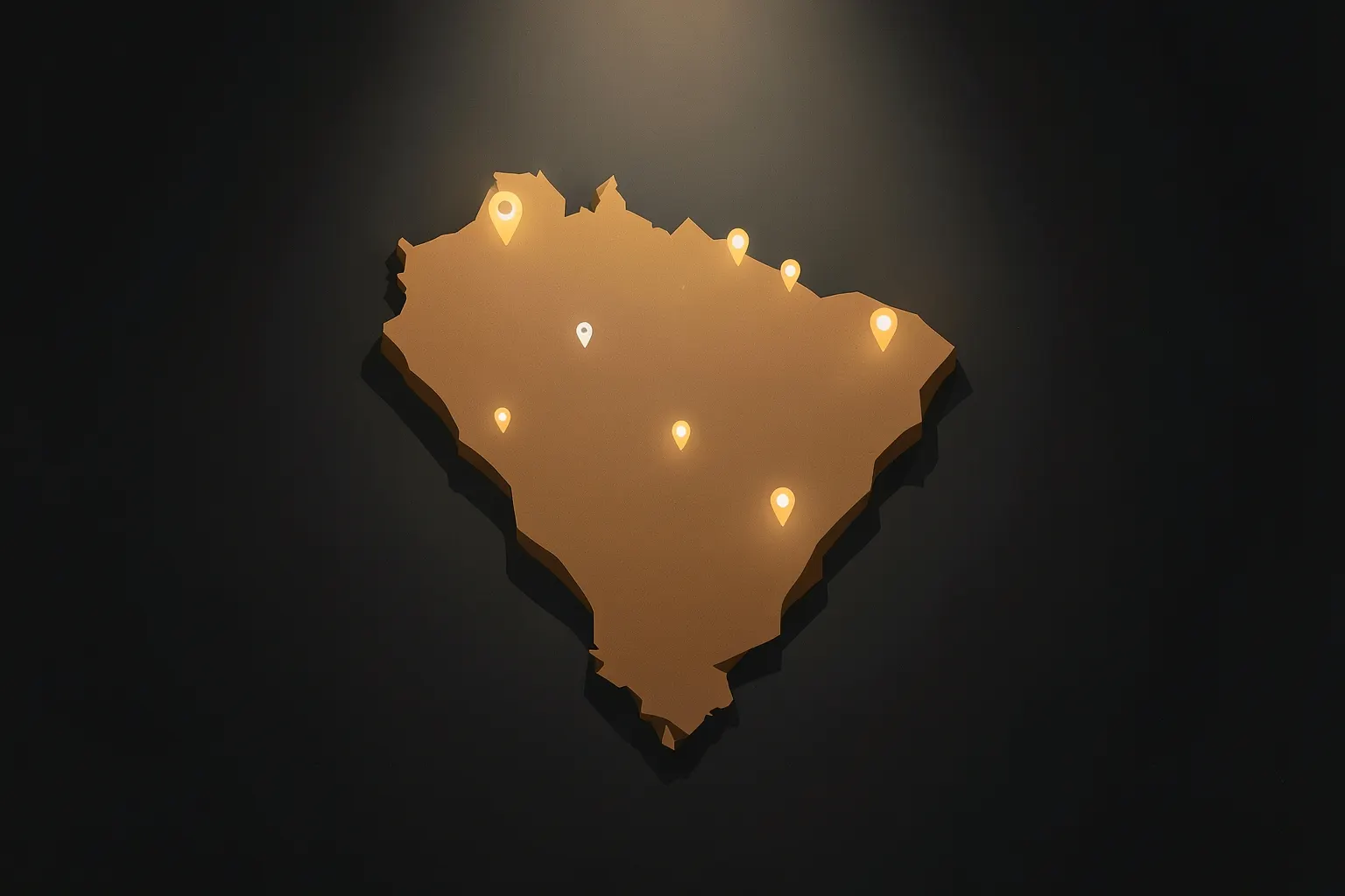 Título em destaque sobre um mapa estilizado do Brasil com pinos de localização.
