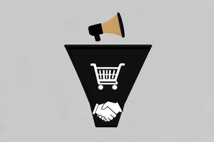 Ilustração de um funil com ícones representando etapas de marketing e vendas, como um megafone, um carrinho de compras e um aperto de mãos.