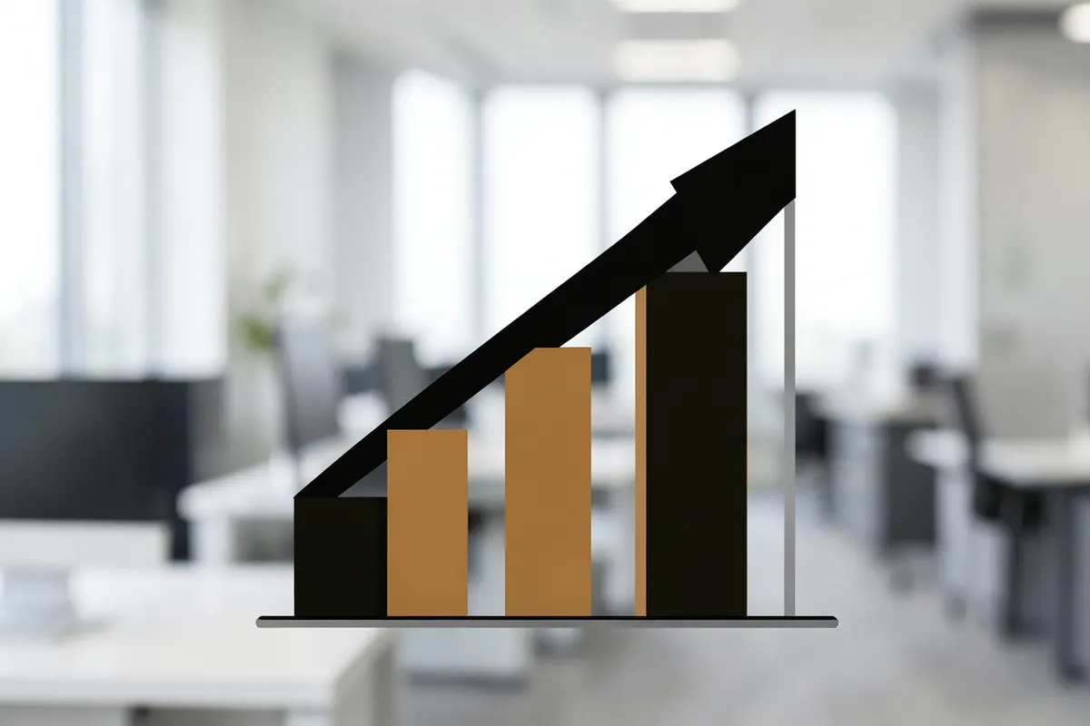 Gráfico de barras ascendente simbolizando crescimento e sucesso em vendas, com um fundo desfocado de escritório moderno.
