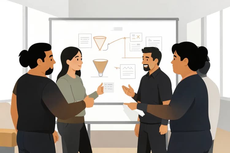 Pessoas em uma reunião discutindo estratégias em um quadro branco com gráficos e anotações sobre um funil de vendas.