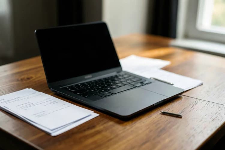 Mesa de escritório com computador, papéis e caneta, simbolizando o ambiente de trabalho de uma agência.