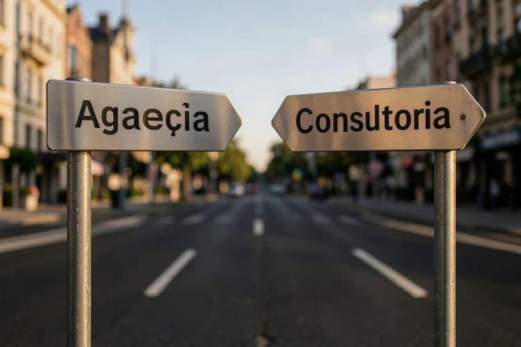 Encruzilhada com placas indicando "Agência" e "Consultoria", mostrando a decisão.