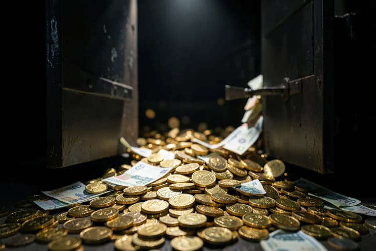 Um cofre aberto com moedas de ouro e notas saindo, simbolizando as vantagens financeiras da automação de vendas.