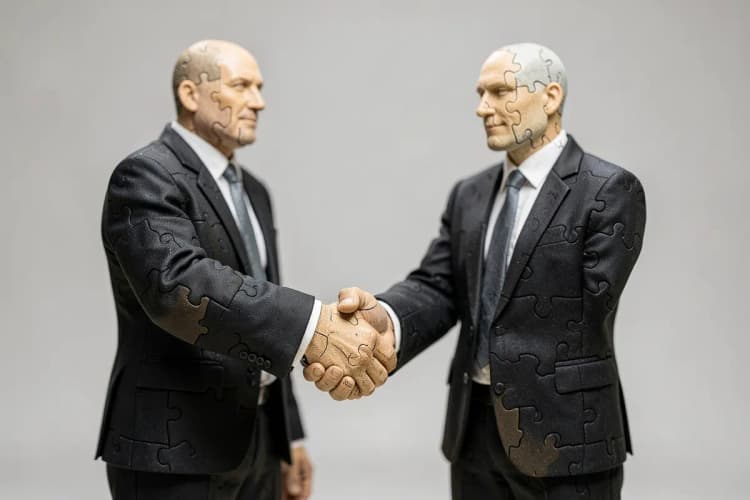 Um aperto de mão entre duas figuras de negócios estilizadas feitas de peças de quebra-cabeça se encaixando.