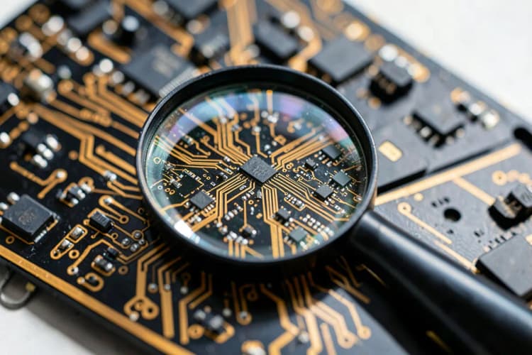 Uma lupa examinando um circuito eletrônico complexo.