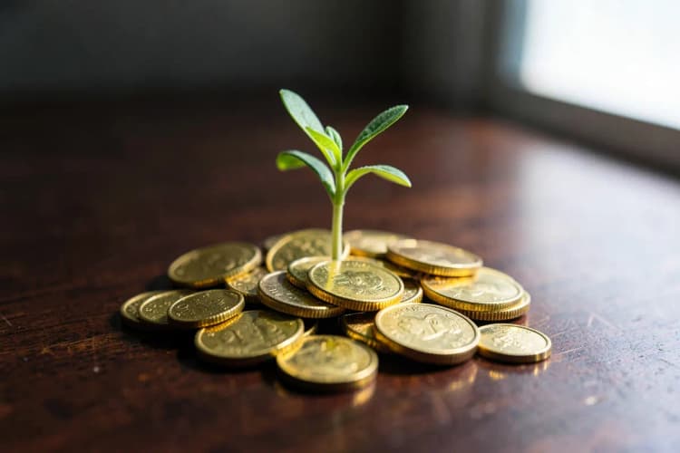 Uma planta crescendo a partir de moedas de ouro em um ambiente de escritório moderno.