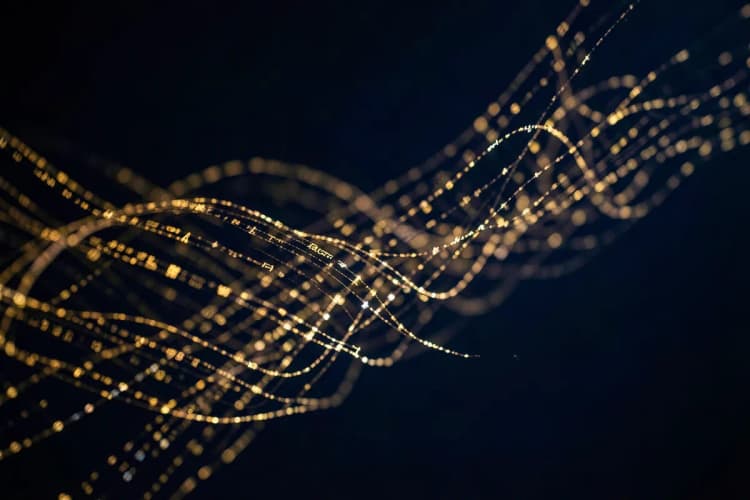 Um código de computador abstrato com linhas de luz fluindo em um fundo escuro.