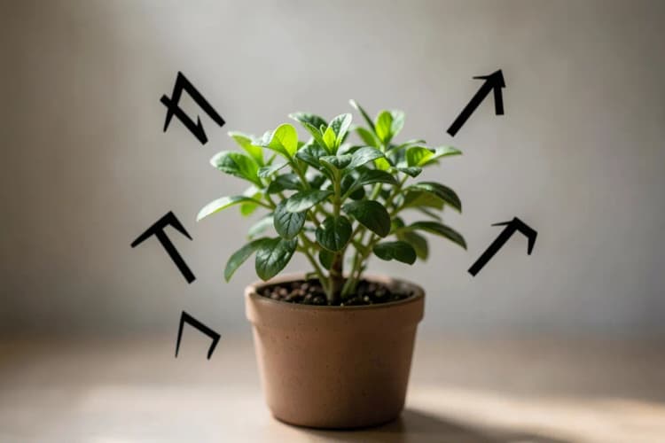 Uma planta crescendo em um vaso, com setas apontando para cima ao redor, simbolizando crescimento e melhoria.