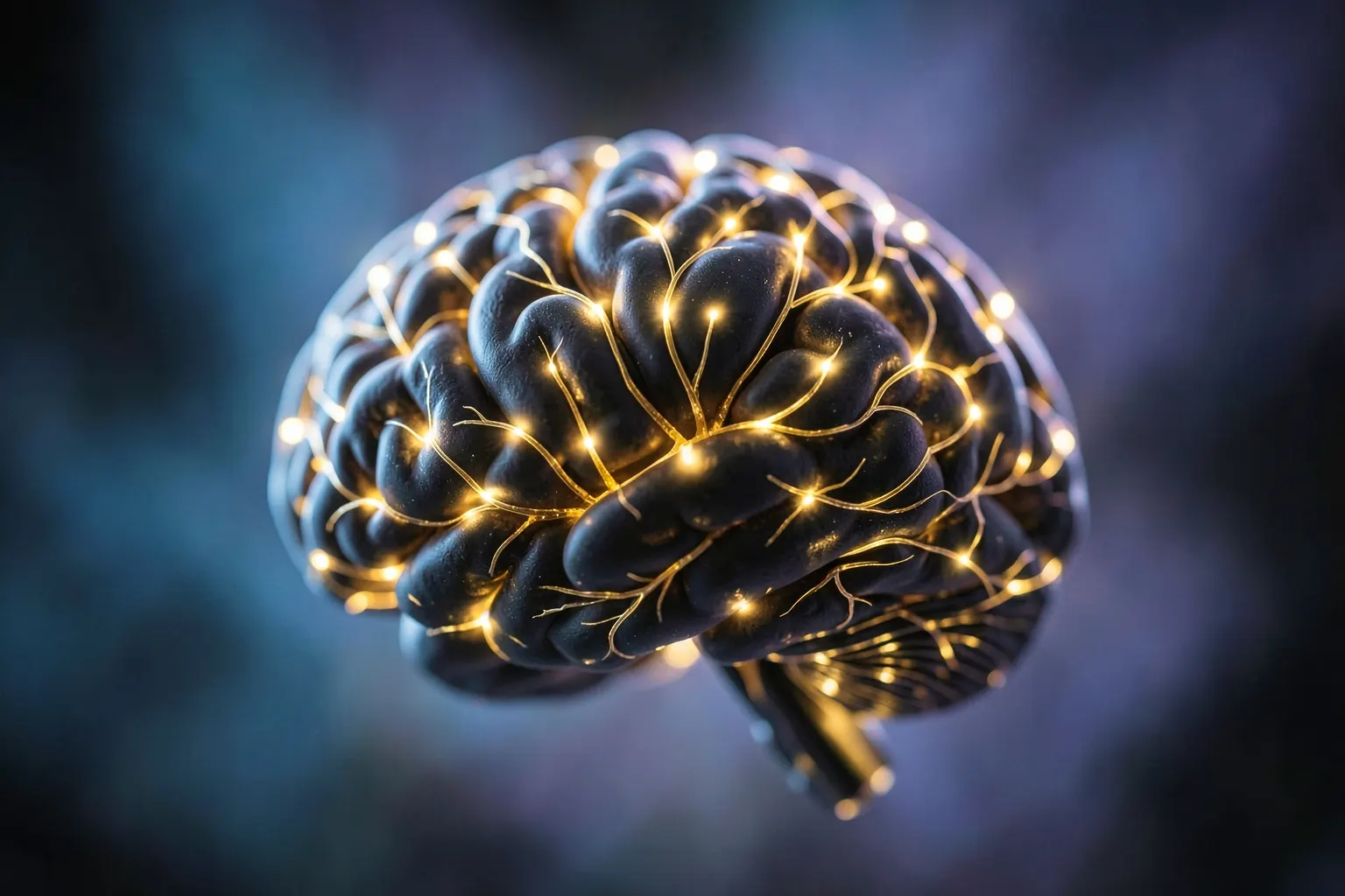 Ícone de um cérebro estilizado com conexões brilhantes, representando inteligência artificial.