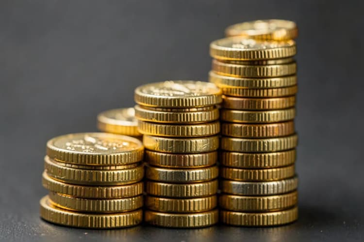 Um gráfico de barras ascendente feito de moedas de ouro empilhadas.