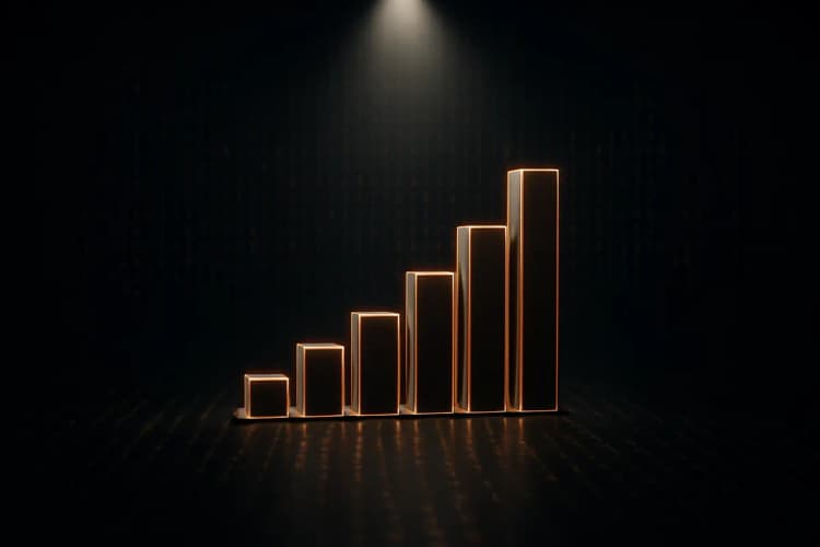 Gráfico de barras ascendente sobre um fundo de código binário, simbolizando o crescimento e a importância da visibilidade online.