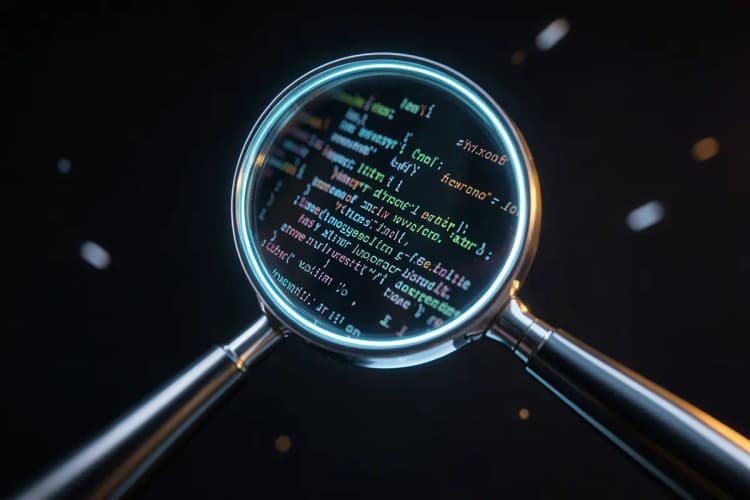 Lupa examinando linhas de código e texto, representando a otimização de SEO para visibilidade.