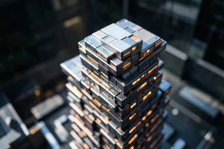 Pilhas de blocos de construção formando uma torre, simbolizando a criação de conteúdo relevante e estruturado.