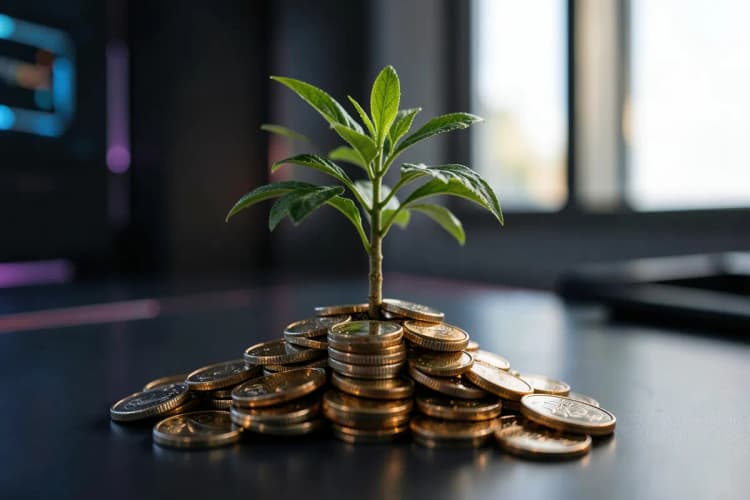 Uma planta crescendo a partir de um pequeno monte de moedas, representando a construção de autoridade e reputação.