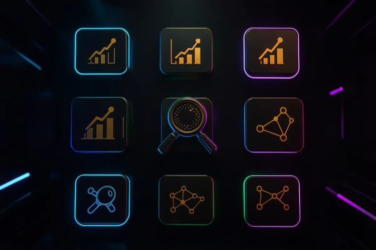 Conjunto de ícones representando ferramentas digitais como gráficos, lupas e conexões de rede.