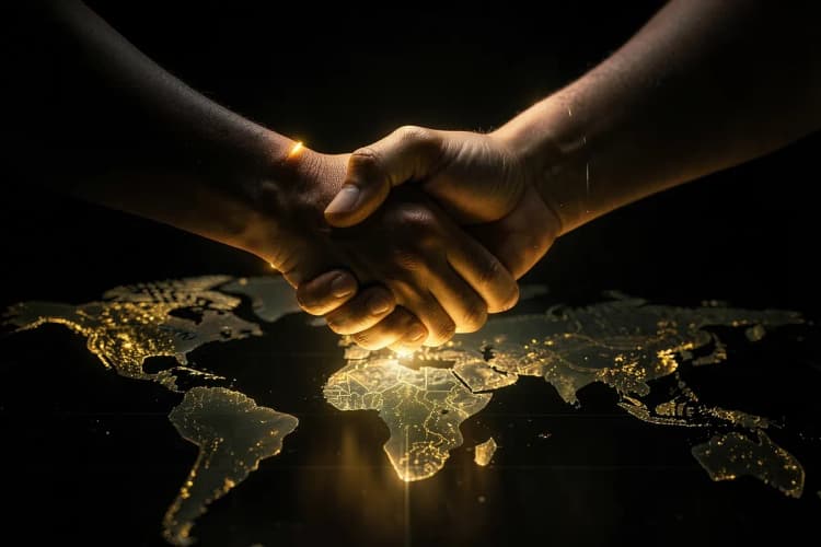 Um aperto de mãos estilizado sobre um mapa do mundo, simbolizando alcance global e conexões locais.