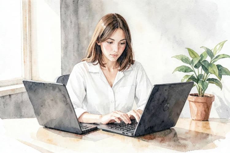 Mulher trabalhando em um laptop com um fluxo de dados estilizado saindo da tela.