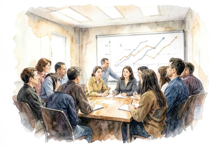 Pessoas em uma reunião discutindo um gráfico de crescimento em um quadro branco.