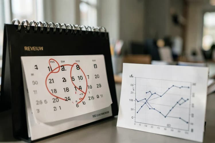 Calendário com um círculo vermelho em volta de uma data e um gráfico de desempenho ao lado, simbolizando a importância de acompanhar resultados.