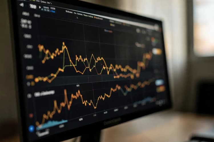 Tela de computador exibindo gráficos de desempenho com métricas como CTR, CPC e ROI, com uma lupa focando em um dos indicadores.