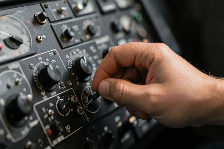 Mão ajustando os botões de um painel de controle com gráficos e indicadores, representando a otimização de campanhas de marketing.