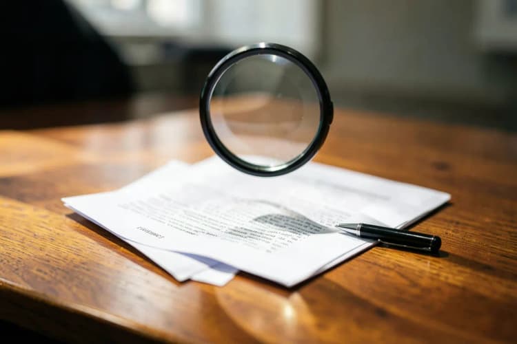 Uma lupa examinando um contrato com uma caneta ao lado, sobre uma mesa de escritório.