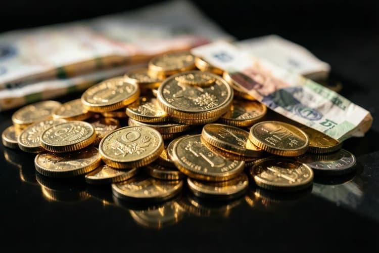 Uma pilha de moedas de ouro e notas de dinheiro dobradas sobre uma superfície escura.