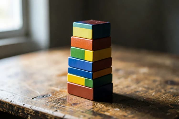 Um conjunto de blocos de construção coloridos empilhados em forma de torre sobre uma mesa de madeira.
