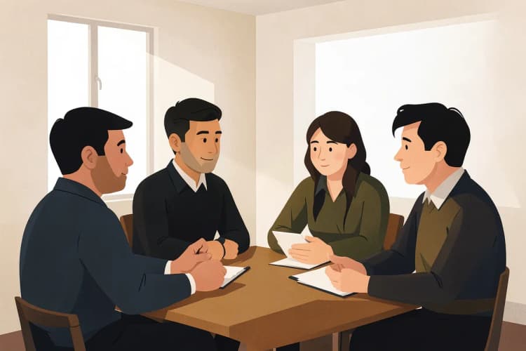Pequenos empresários reunidos em uma sala de reunião discutindo estratégias.