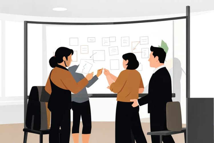 Equipe colaborando em um projeto usando um quadro branco com anotações.