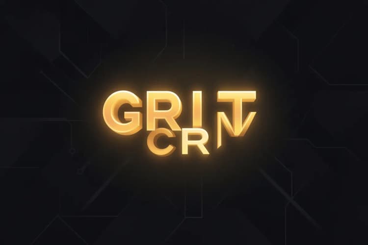 Logo da GRIT CRM em destaque com um fundo abstrato de tecnologia.
