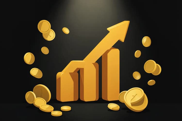 Gráfico de barras subindo com moedas de ouro ao redor, simbolizando crescimento financeiro.