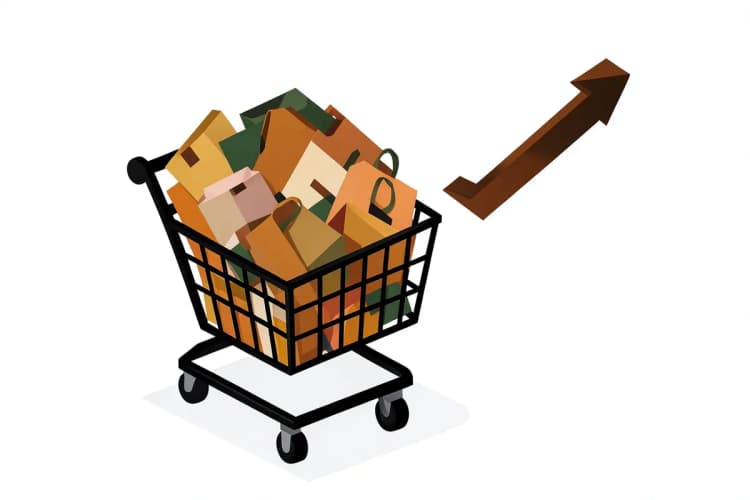 Carrinho de compras de e-commerce cheio de produtos com um símbolo de gráfico de crescimento ao lado.