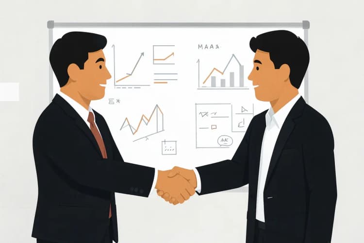 Duas pessoas apertando as mãos em frente a um quadro branco com gráficos e anotações.