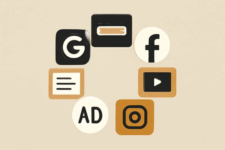 Ícones de diferentes plataformas de publicidade online (Google, Facebook, Instagram) dispostos em círculo.