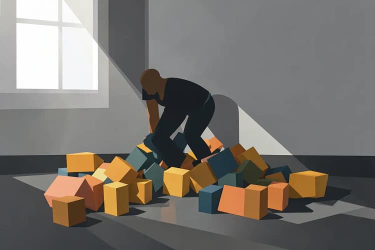 Pessoa tropeçando em blocos de construção coloridos no chão.