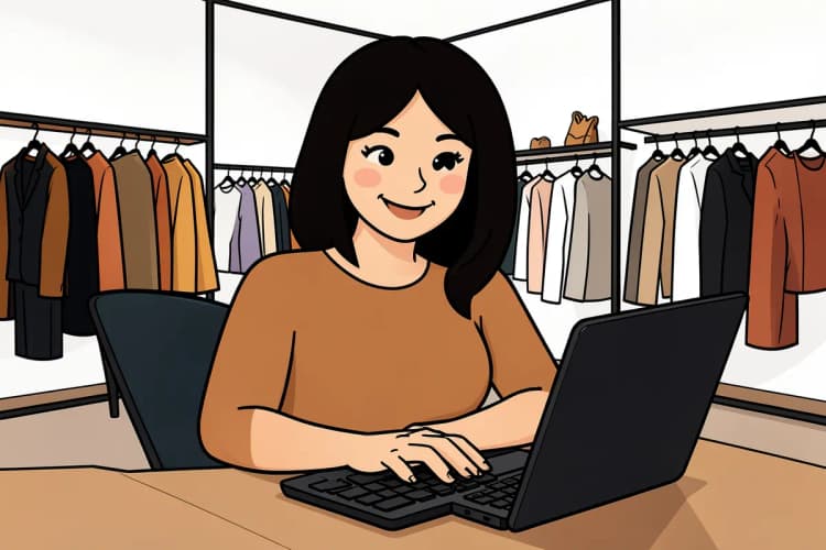Mulher sorrindo enquanto usa um laptop em uma loja de moda moderna.