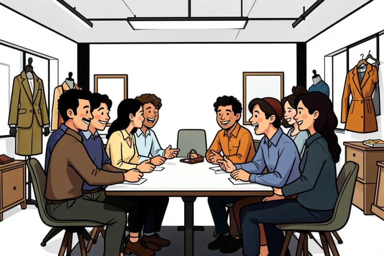 Pessoas em uma reunião discutindo estratégias em um escritório com elementos de moda.