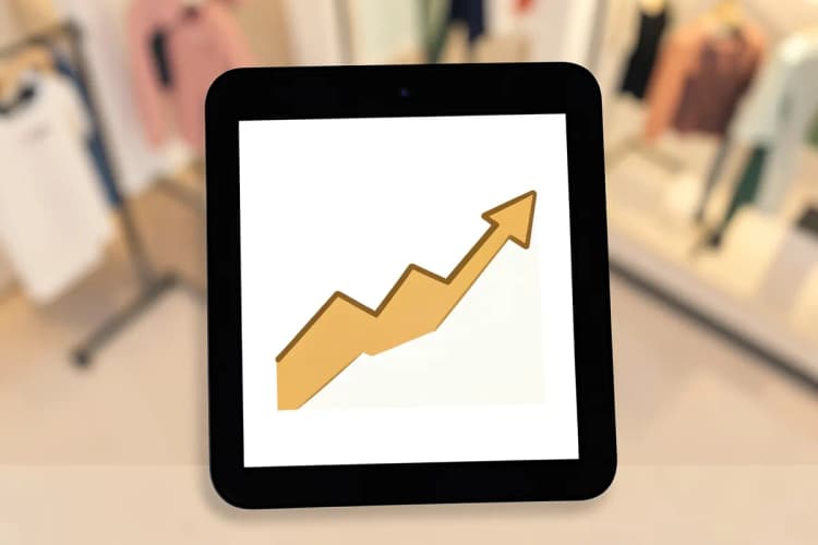 Gráfico de crescimento de vendas em um tablet com fundo de loja de moda desfocado.