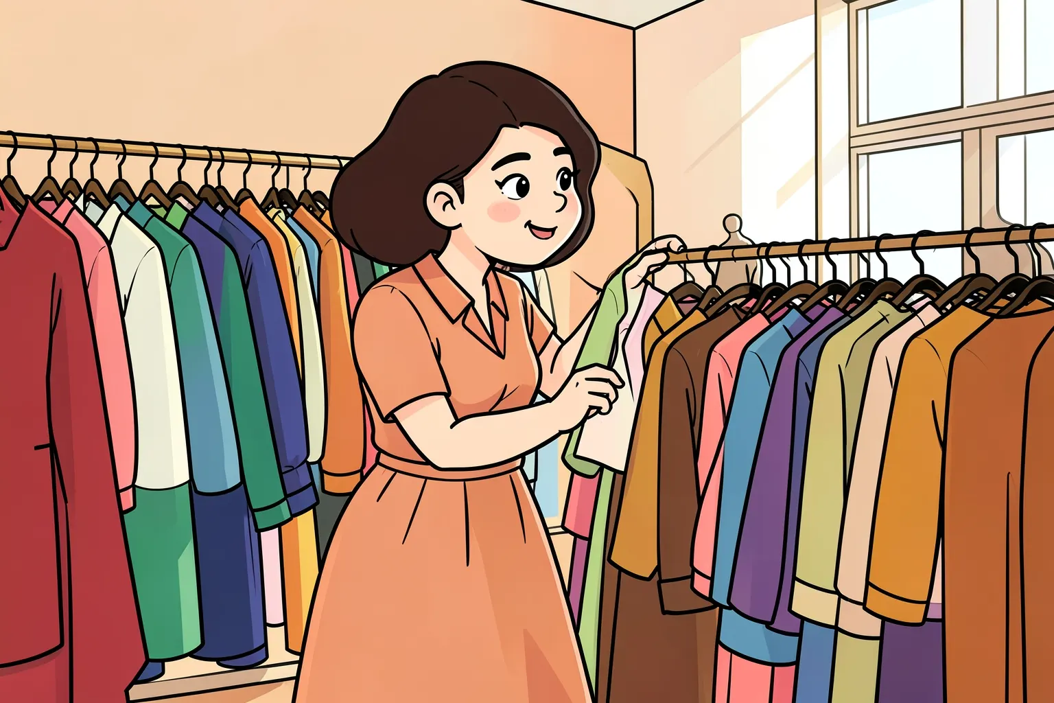 Mulher escolhendo roupas em uma loja de moda com um sorriso.