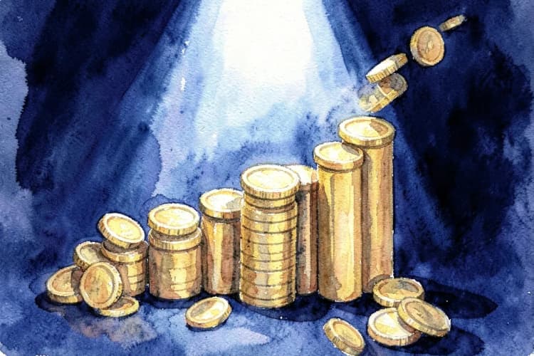 Gráfico de barras ascendente com moedas de ouro caindo ao redor, em fundo azul.