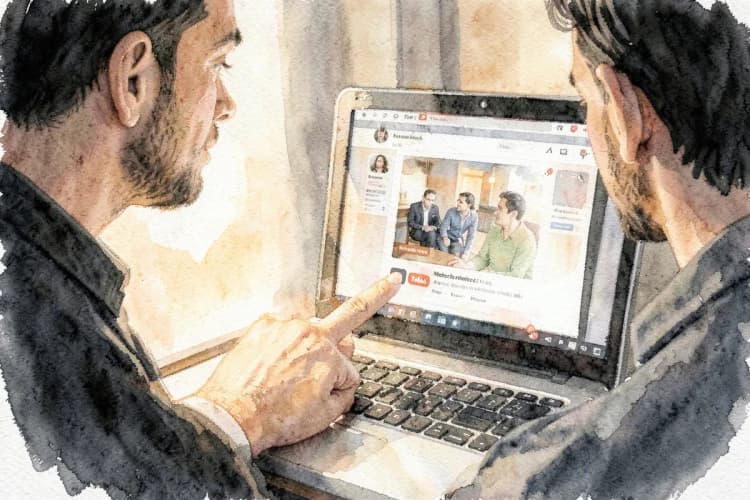 Um homem sorri enquanto aponta para a tela de um notebook exibindo um vídeo do YouTube com um anúncio.