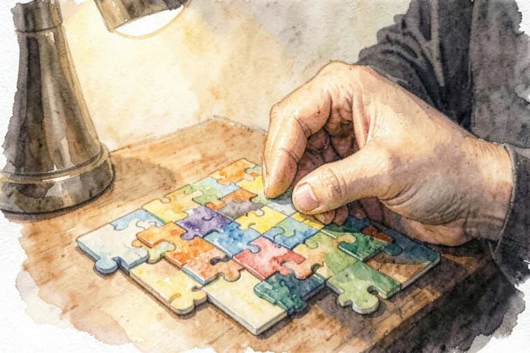 Uma pessoa monta um quebra-cabeça com peças coloridas, representando a segmentação de público.