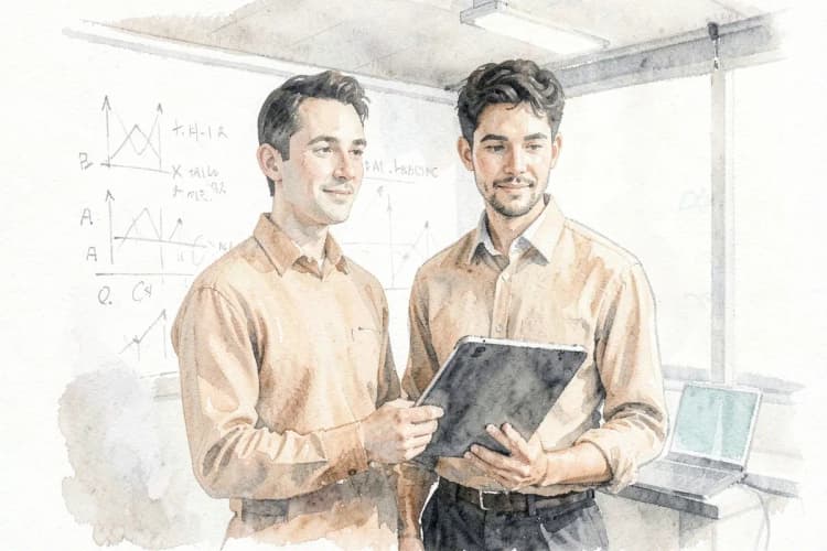 Um homem com um tablet na mão, em frente a um quadro branco com anotações e gráficos.