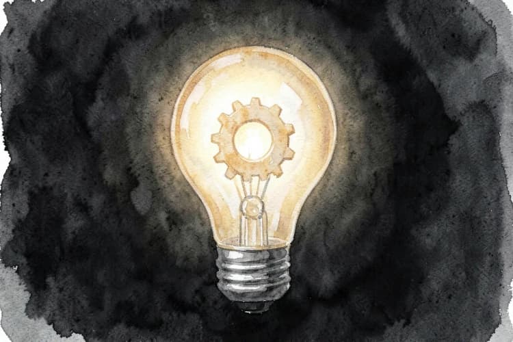 Uma lâmpada acesa com uma engrenagem dentro, simbolizando ideias e estratégia.
