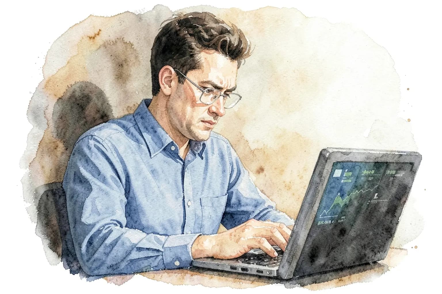 Um homem de óculos e camisa social azul olha atentamente para a tela de um notebook, com gráficos e números em tons de azul e verde ao fundo.