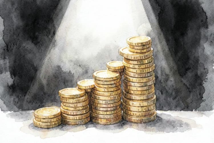 Gráfico de barras ascendente com moedas de ouro caindo ao redor, em fundo azul.