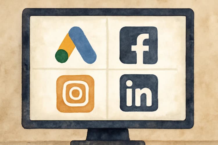 Tela de computador exibindo diferentes ícones de plataformas de anúncios online, como Google Ads e Facebook Ads.